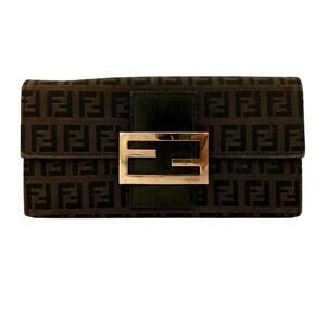 Authentic FENDI Zuccino Canvas Leather Long Bifold Wallet Gold Toned Hardware